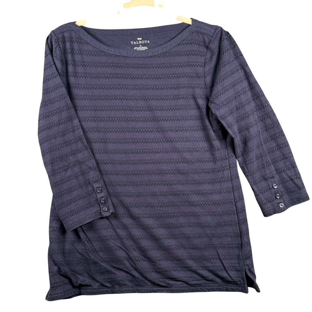 Talbots Women M Eyelet Stripe 3/4 Sleeve Boat Neck Top Lined Coastal Grandma